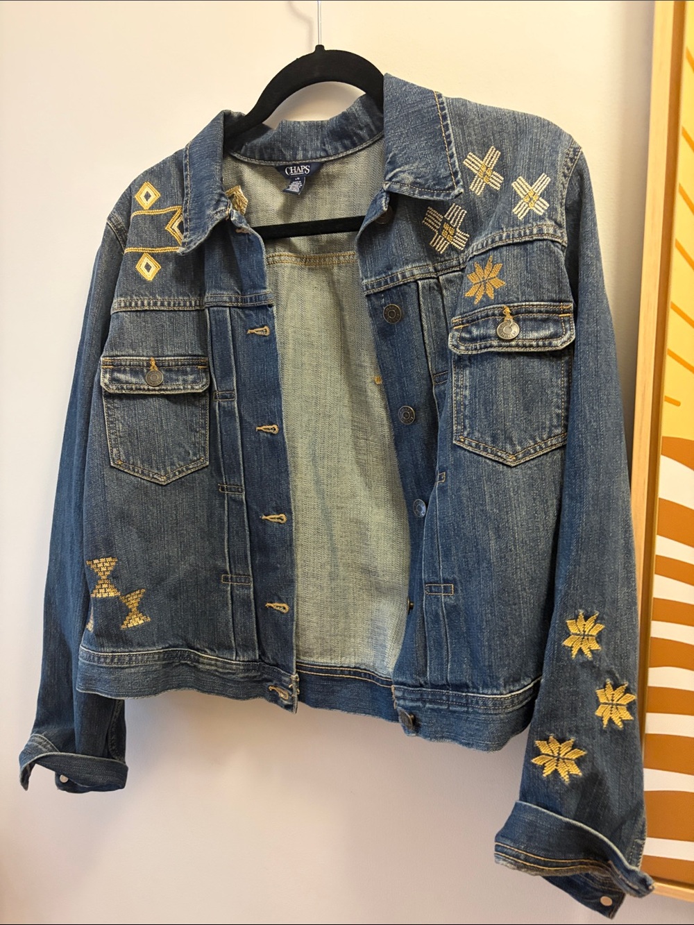 Chaps Blue Denim Jacket with Gold Embroidered Accents. Large